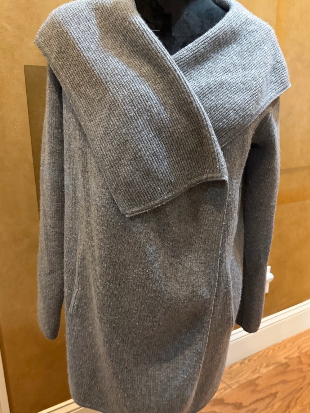 L.L. Bean Gray Ribbed Shawl-Collar Open Cardigan-Wool/Cashmere-M